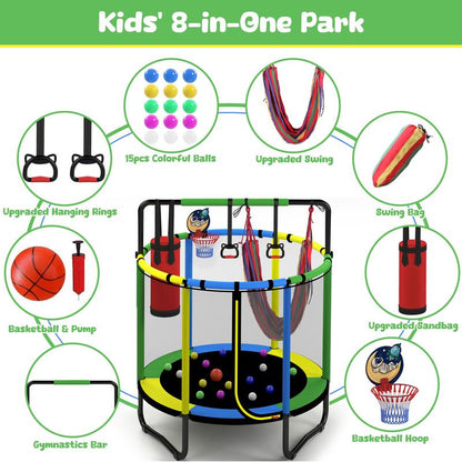 55'' Kids' Safety Trampoline: Includes Basketball Hoop, Swing & Enclosure Net