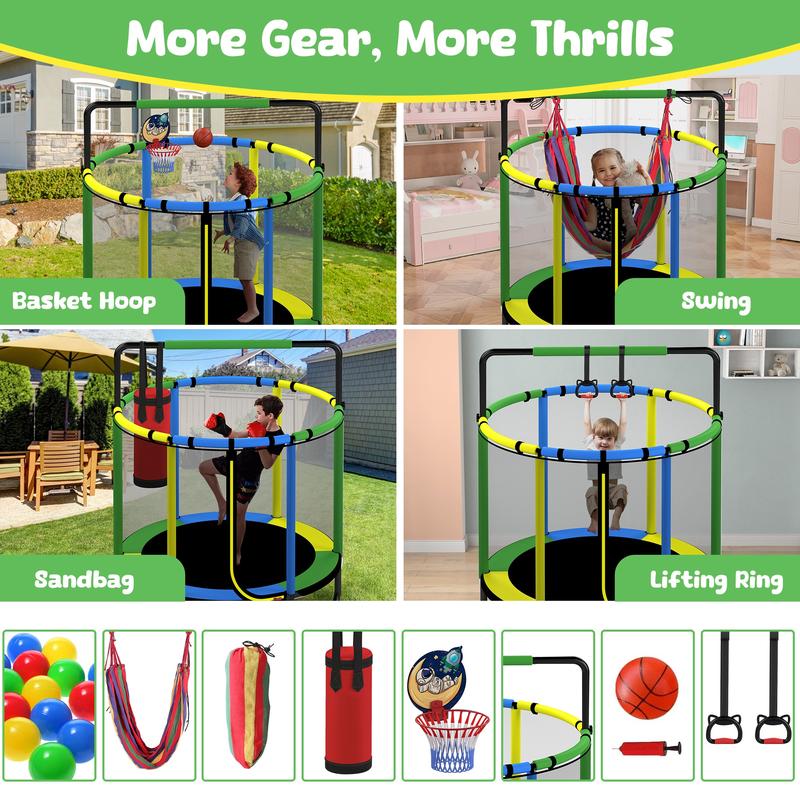 55'' Kids' Safety Trampoline: Includes Basketball Hoop, Swing & Enclosure Net