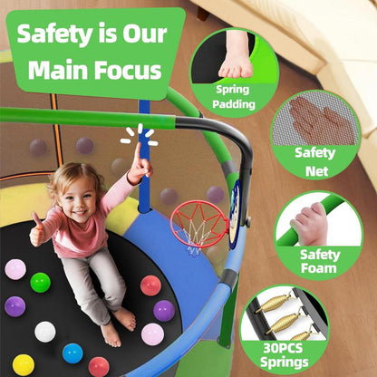55'' Kids' Safety Trampoline: Includes Basketball Hoop, Swing & Enclosure Net