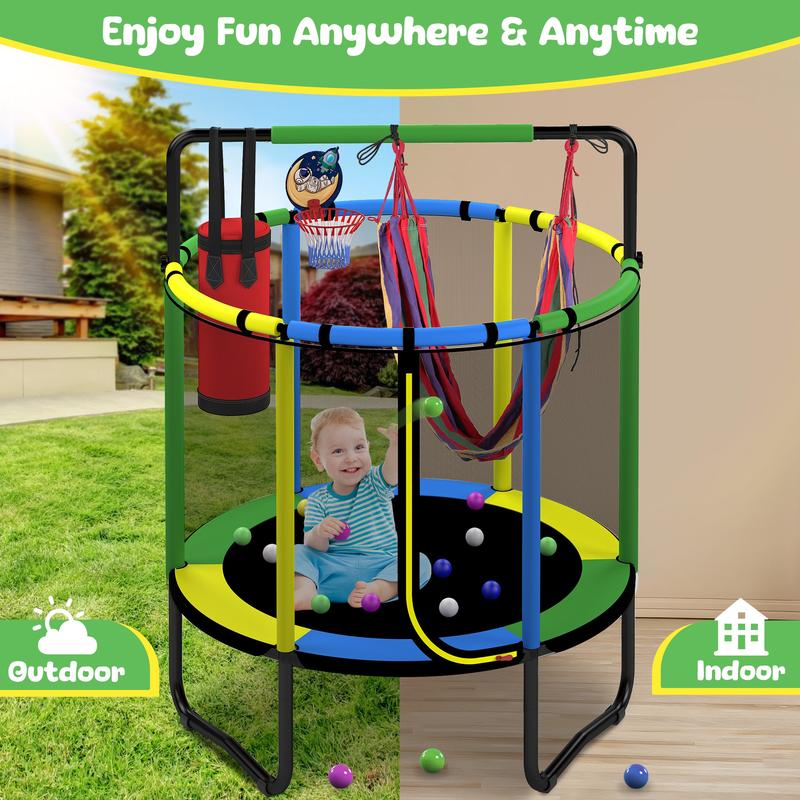55'' Kids' Safety Trampoline: Includes Basketball Hoop, Swing & Enclosure Net